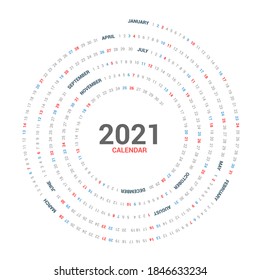 Calendar 2021 round spiral vector design on white background. Circle Calendar.