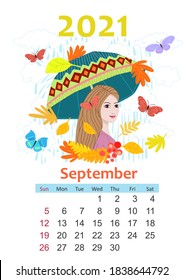 Calendar for 2021 September  beautiful girl holding umbrella looking over her shoulder surrounded by falling colorful leaves against clouds   rain