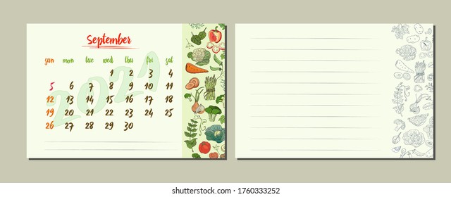 Calendar for 2021. September. Calendar sheet with a set of vegetables and a place for writing notes and recipes
