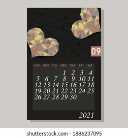 Calendario 2021 Septiembre plantilla de diseño de vectores corazones decorativos al estilo de polos bajos