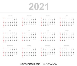 Calendar of 2021, set of 12 months, week start from Sunday, simple concept calendar layout template for website and business, vector illustration.