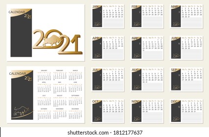 Calendar. 2021. Set. Bull. Chinese New Year. Vector calendar, planner diary. Silhouette of a golden bull in 2021. Main big numbers. Week starts on Sunday and  Monday. 