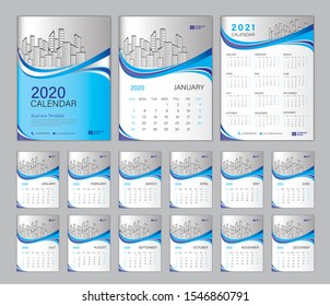 Calendar 2021, Set Desk Calendar 2020 template, Cover design. Week Starts on Sunday, Set of 12 Months, planner template. blue wave shape background