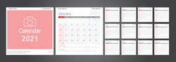 Calendar 2021, Set Desk Calendar Template Design With Place For Photo And Company Logo. Week Starts On Sunday. Set Of 12 Months.