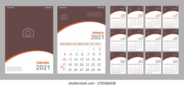 Calendar 2021, Set Desk Calendar template design with Place for Photo and Company Logo. Week Starts on Sunday. Set of 12 Months