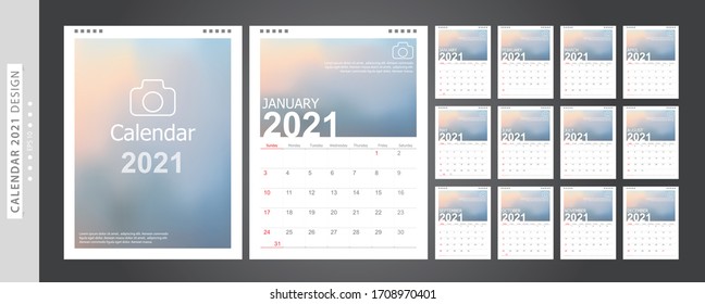 Calendar 2021, Set Desk Calendar template design with Place for Photo and Company Logo. Week Starts on Sunday. Set of 12 Months.