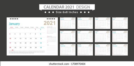 Calendar 2021, Set Desk Calendar template design with Place for Photo and Company Logo. Week Starts on Sunday. Set of 12 Months.