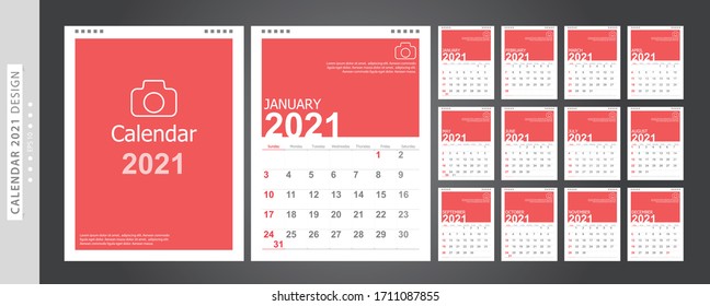 Kalender 2021, Set Desk Kalender Vorlage Design mit Platz für Foto und Firmenlogo. Die Woche beginnt am Sonntag. Satz von 12 Monaten.