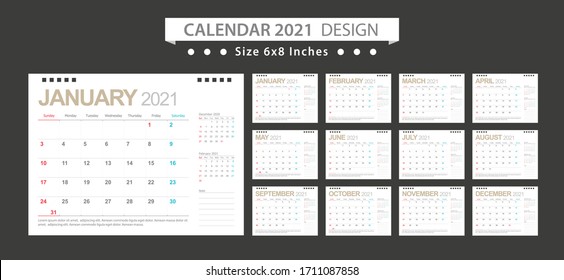 Calendar 2021, Set Desk Calendar template design with Place for Photo and Company Logo. Week Starts on Sunday. Set of 12 Months.