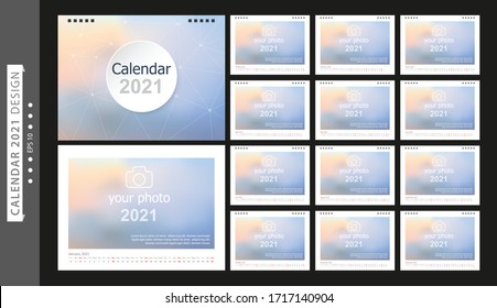 Calendar 2021, Set Desk Calendar template design with Place for Photo and Company Logo. Week Starts on Sunday. Set of 12 Months.