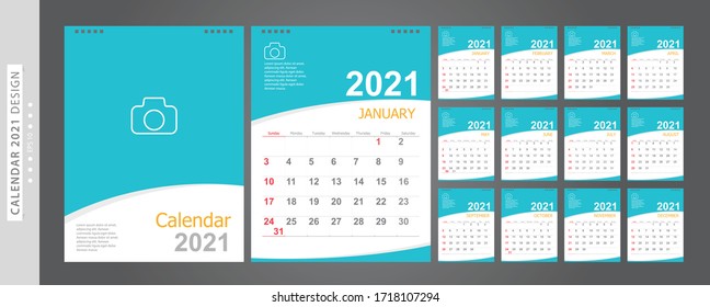 Calendar 2021, Set Desk Calendar template design with Place for Photo and Company Logo. Week Starts on Sunday. Set of 12 Months.