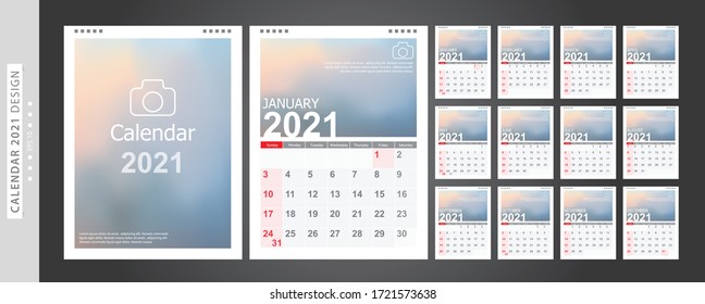 Calendar 2021, Set Desk Calendar template design with Place for Photo and Company Logo. Week Starts on Sunday. Set of 12 Months.