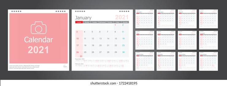 Calendar 2021, Set Desk Calendar template design with Place for Photo and Company Logo. Week Starts on Sunday. Set of 12 Months.