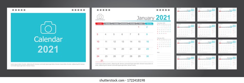 Calendar 2021, Set Desk Calendar template design with Place for Photo and Company Logo. Week Starts on Sunday. Set of 12 Months.