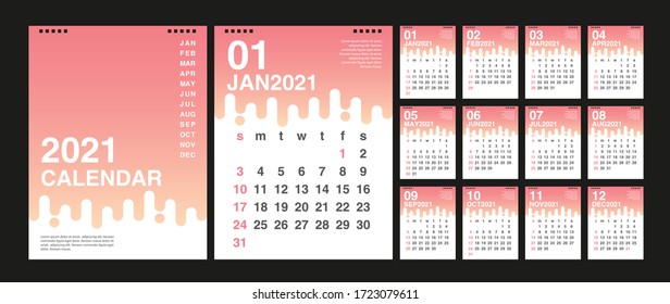 Calendar 2021, Set Desk Calendar template design with Place for Photo and Company Logo. Week Starts on Sunday. Set of 12 Months.