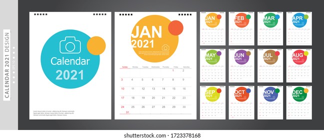 Calendar 2021, Set Desk Calendar template design with Place for Photo and Company Logo. Week Starts on Sunday. Set of 12 Months.