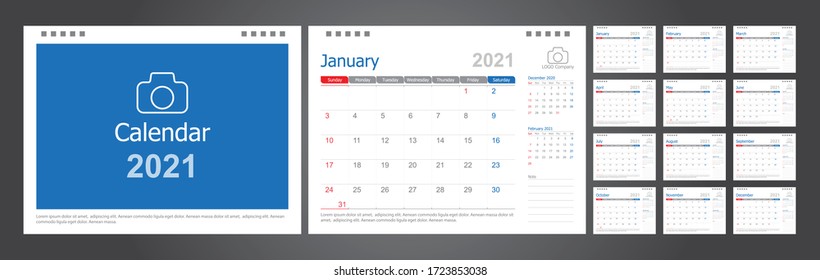 Calendar 2021, Set Desk Calendar template design with Place for Photo and Company Logo. Week Starts on Sunday. Set of 12 Months.