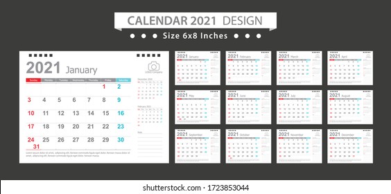 Calendar 2021, Set Desk Calendar template design with Place for Photo and Company Logo. Week Starts on Sunday. Set of 12 Months.