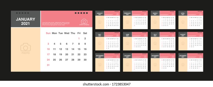 Calendar 2021, Set Desk Calendar template design with Place for Photo and Company Logo. Week Starts on Sunday. Set of 12 Months.