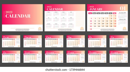 Calendar 2021. Set Desk Calendar template design suitable for company, spiral calendar. Week Starts on Sunday. Set of 12 Months.