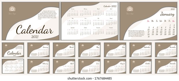 Calendar 2021. Set Desk Calendar template design suitable for company, spiral calendar. Elegant paper cut style calendar. Week Starts on Sunday. Set of 12 Months.