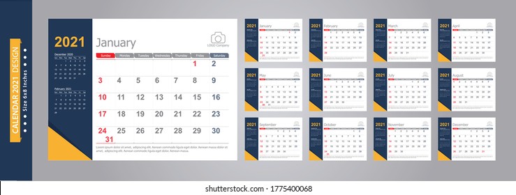 Calendar 2021, Set Desk Calendar template design with Place for Photo and Company Logo. Week Starts on Sunday. Set of 12 Months.