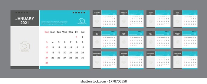 Calendar 2021, Set Desk Calendar template design with Place for Photo and Company Logo. Week Starts on Sunday. Set of 12 Months.