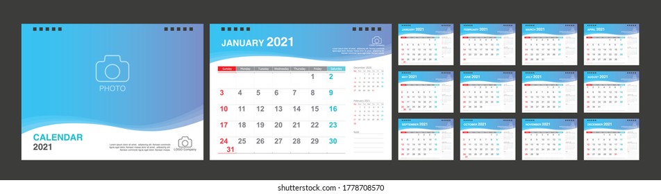Kalender 2021, Set Desk Kalender Vorlage Design mit Platz für Foto und Firmenlogo. Die Woche beginnt am Sonntag. Satz von 12 Monaten.