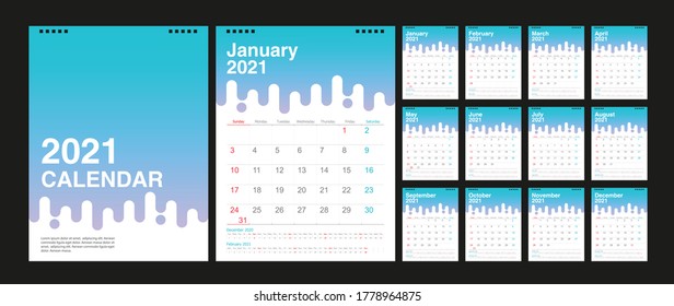 Calendar 2021, Set Desk Calendar template design with Place for Photo and Company Logo. Week Starts on Sunday. Set of 12 Months.
