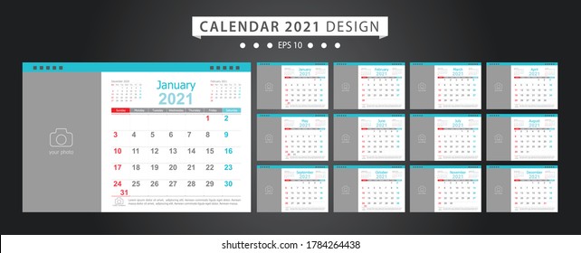 Calendar 2021, Set Desk Calendar template design with Place for Photo and Company Logo. Week Starts on Sunday. Set of 12 Months.