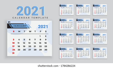Calendar 2021, Set Desk Calendar template design with Place for Company Logo. Week Starts on Sunday. Set of 12 Months