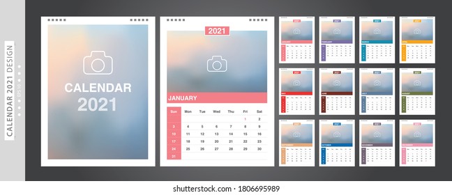 Calendar 2021, Set Desk Calendar template design with Place for Photo and Company Logo. Week Starts on Sunday. Set of 12 Months.