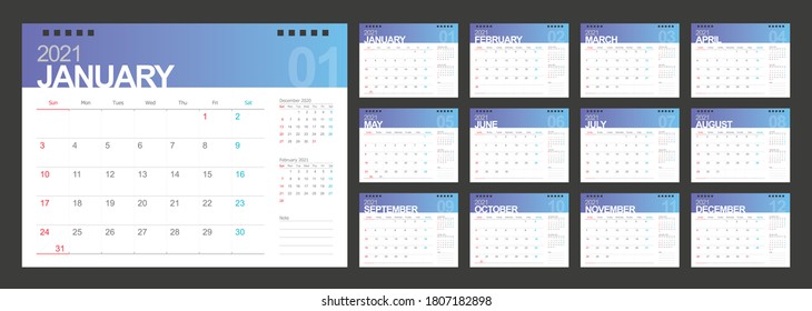 Calendar 2021, Set Desk Calendar template design with Place for Photo and Company Logo. Week Starts on Sunday. Set of 12 Months.