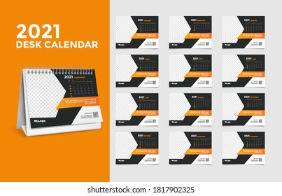 Calendar 2021, Set Desk Calendar template design with Place for Photo and Company Logo. The week starts on Sunday. Set of 12 Months