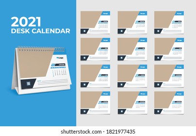 Calendar 2021, Set Desk Calendar template design with Place for Photo and Company Logo. The week monday on Sunday. Set of 12 Months	