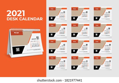 Calendar 2021, Set Desk Calendar template design with Place for Photo and Company Logo. The week monday on Sunday. Set of 12 Months	