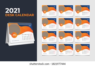 Calendario 2021, Diseño de plantilla Set Desk Calendar con logotipo de Place for Photo y Company. La semana del domingo. Conjunto de 12 meses	