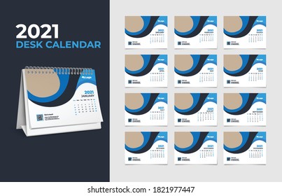 Calendar 2021, Set Desk Calendar template design with Place for Photo and Company Logo. The week monday on Sunday. Set of 12 Months	