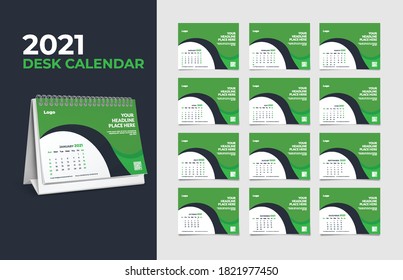 Calendar 2021, Set Desk Calendar template design with Place for Photo and Company Logo. The week monday on Sunday. Set of 12 Months	