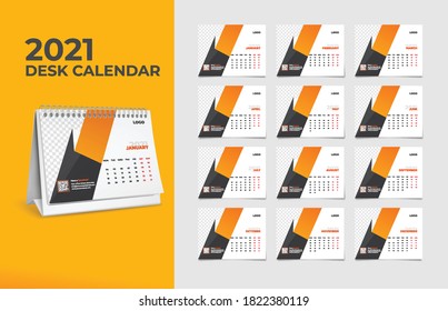 Calendar 2021, Set Desk Calendar template design with Place for Photo and Company Logo. The week monday on Sunday. Set of 12 Months