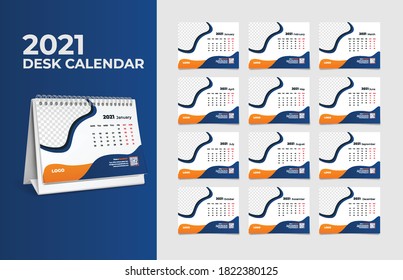 Calendar 2021, Set Desk Calendar template design with Place for Photo and Company Logo. The week monday on Sunday. Set of 12 Months