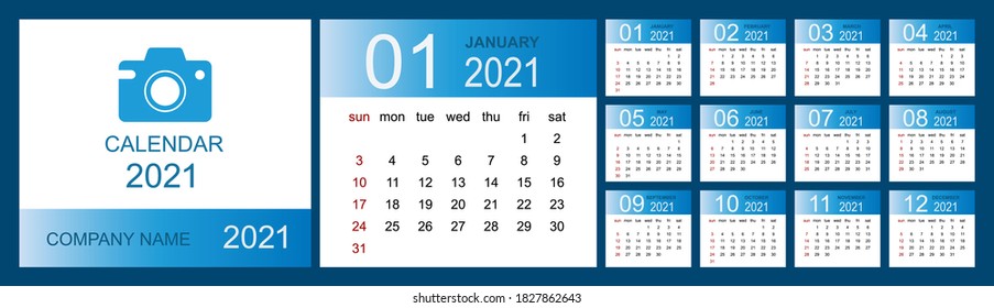 Calendar 2021, Set Desk Calendar template design with Place for Photo and Company Logo. Week Starts on Sunday. Isolated vector illustration