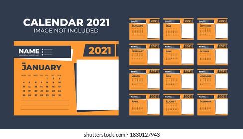 Calendar 2021, Set Desk Calendar template design with Place for Photo and Company Logo. Week Starts on Monday. Set of 12 Months.