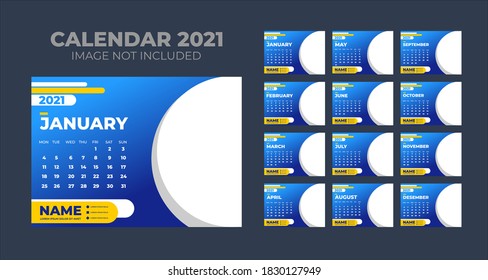 Calendar 2021, Set Desk Calendar template design with Place for Photo and Company Logo. Week Starts on Monday. Set of 12 Months.