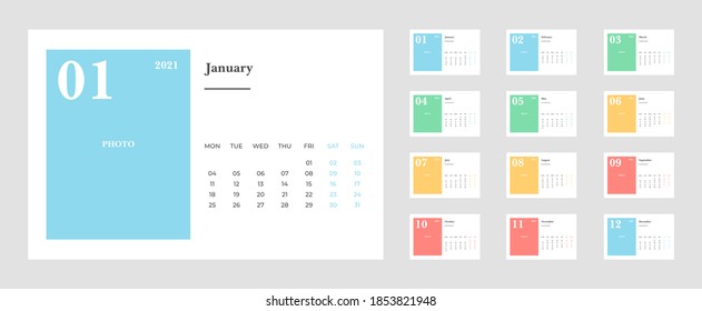 Calendario 2021, Diseño de plantilla Set Desk Calendar con logotipo de Place for Photo y Company. La semana empieza el lunes. Conjunto de 12 meses.