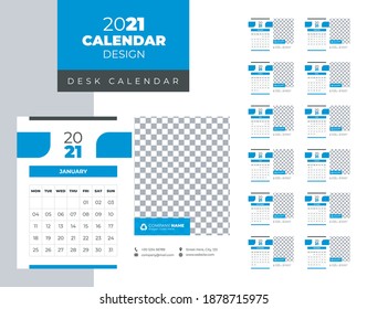Calendar 2021, Set Desk Calendar template design with Place for Photo and Company Logo. The week starts at monday. Set of 12 Months