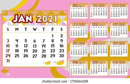 Calendario 2021, Establecer diseño de plantilla de calendario de pared. La semana empieza el domingo. Conjunto de 12 meses