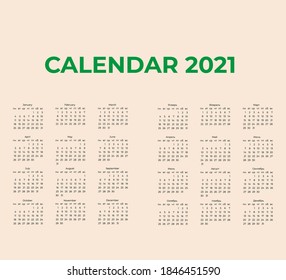 Calendar 2021. Simple horizontal template in Russian and English.Simple year template for pocket, wall or office calendars. In vector format on a light background.