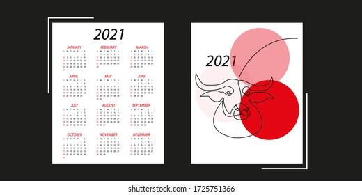 Kalender 2021. Einfaches minimales Design. Die Woche beginnt am Sonntag. On cover - Bull ist ein Symbol für 2021, gezeichnet durch kontinuierliche Linie.