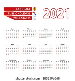 Calendar 2021 in Spanish language with public holidays the country of Paraguay in year 2021. Week starts from Sunday. Vector Illustration.